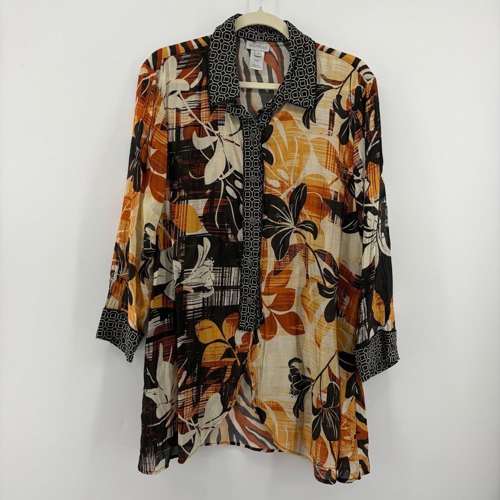 Multiples Tunic Shirt Orange Brown Size XL Floral Zebra Print Button Up Longline